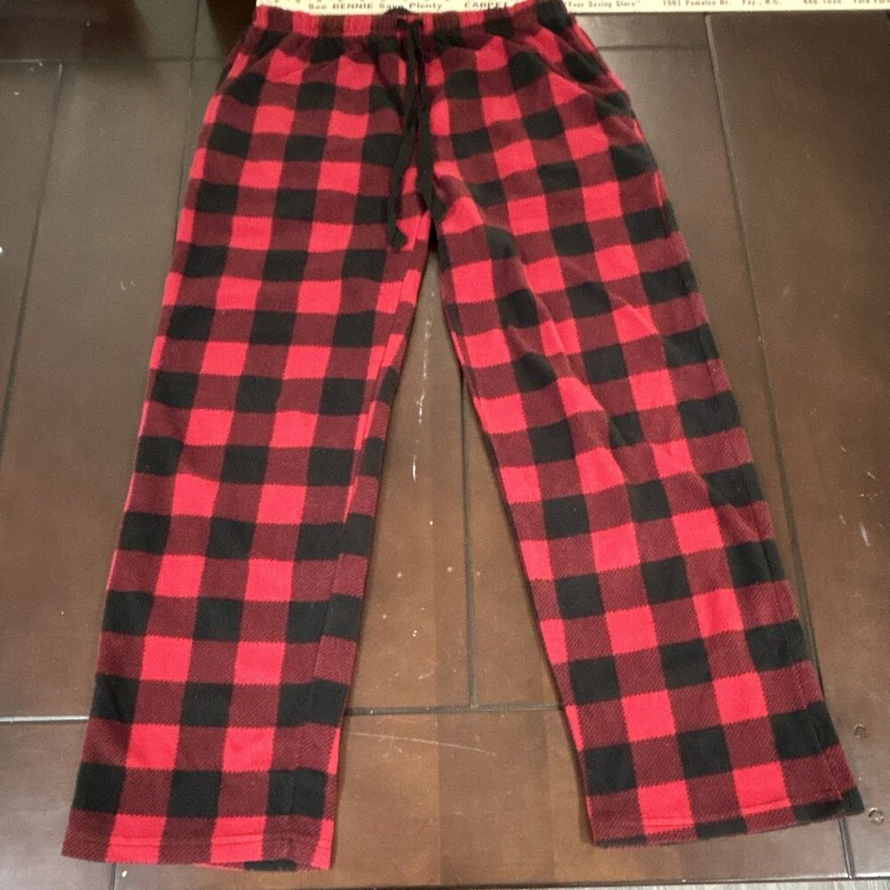 Mens Red Black Plaid Fleece Pajama Pants M Drawstring Waist Polyester 0090